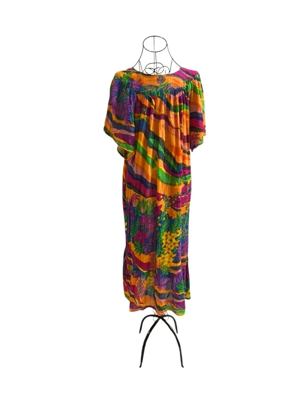 Maxi Kaftan Dress Women Large Cotton Summer Short Sleeve Orange Floral Vibrant - Picture 6 of 7